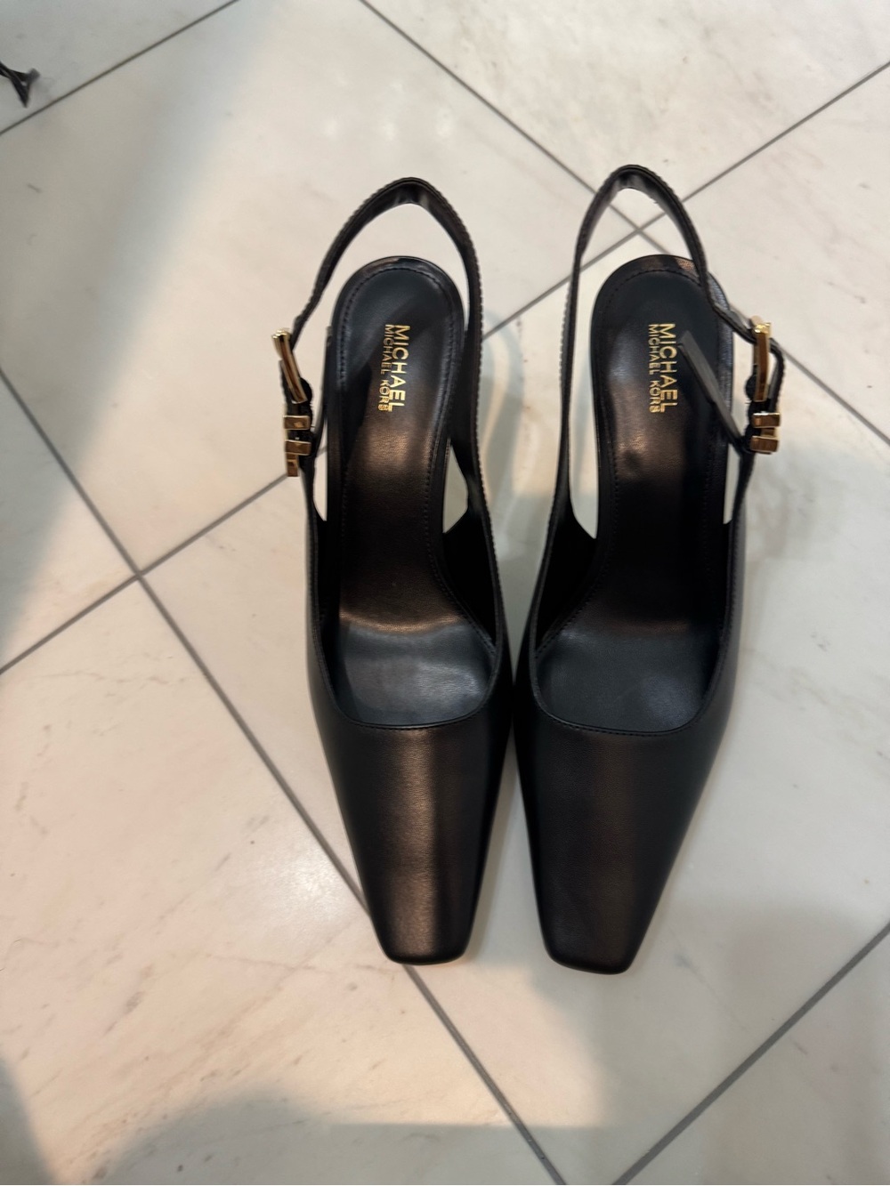 MICHAEL Michael Kors Black Leather Slingback Pumps with Gold Buckle